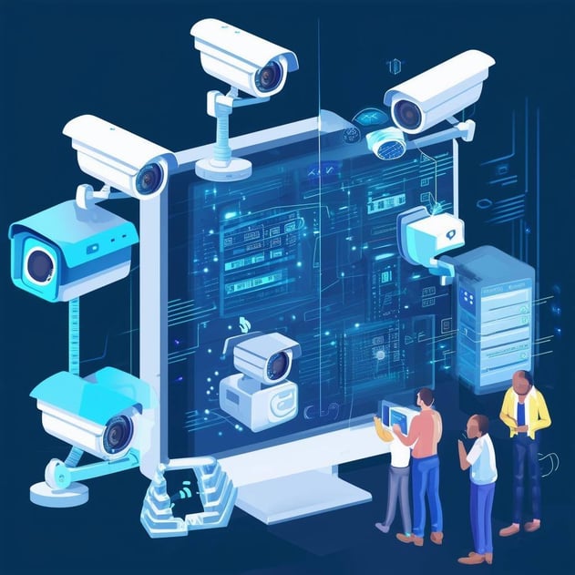 An image of a small IT team trying to monitor an expanding tech stack, with various security cameras representing different systems and tools they nee