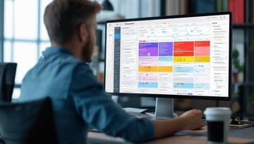 man sits at a decision tree playbook on his computer using Blumira SIEM