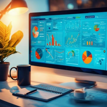 Graphic of a computer screen with charts and graphs. 