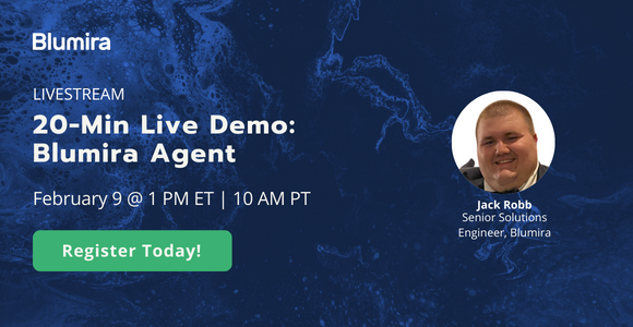 Graphic of a 20 minute live demo with Jack Robb, Senior Solutions Engineer at Blumira.