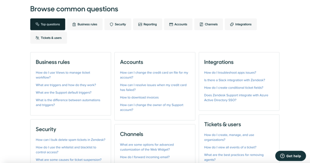 Screenshot that shows the "Browse common questions" feature in a help desk software such as Top questions, Business rules, Security, Reporting accounts, Channels, Integrations, and Tickets & users.